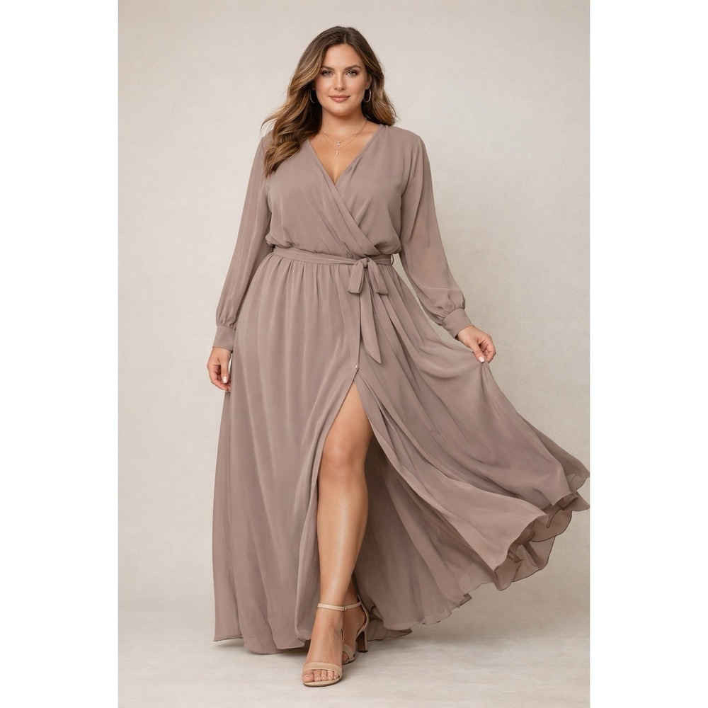 Baltic Born Taupe Wrap Chiffon Maxi Dress with Waist Tie